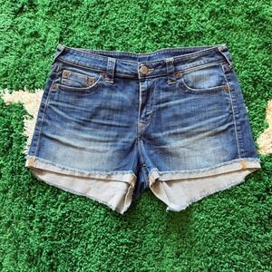 True Religion Jennie Curvy Fit Denim Shorts Womens Size 32 Medium Wash Frayed